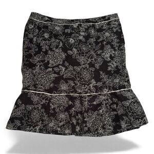 LOFT 100% Linen Floral Black & White Ruffle Hem Skirt Size 12